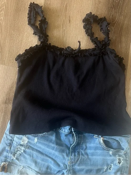 👉 Anthro Maeve Dorrie Ruffle Tank XL Black Ribbed Cami Top Feminine - Picture 3 of 6